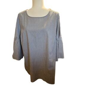 Como Black Blue & White Striped Bell Sleeve Blouse, Plus Size 1X